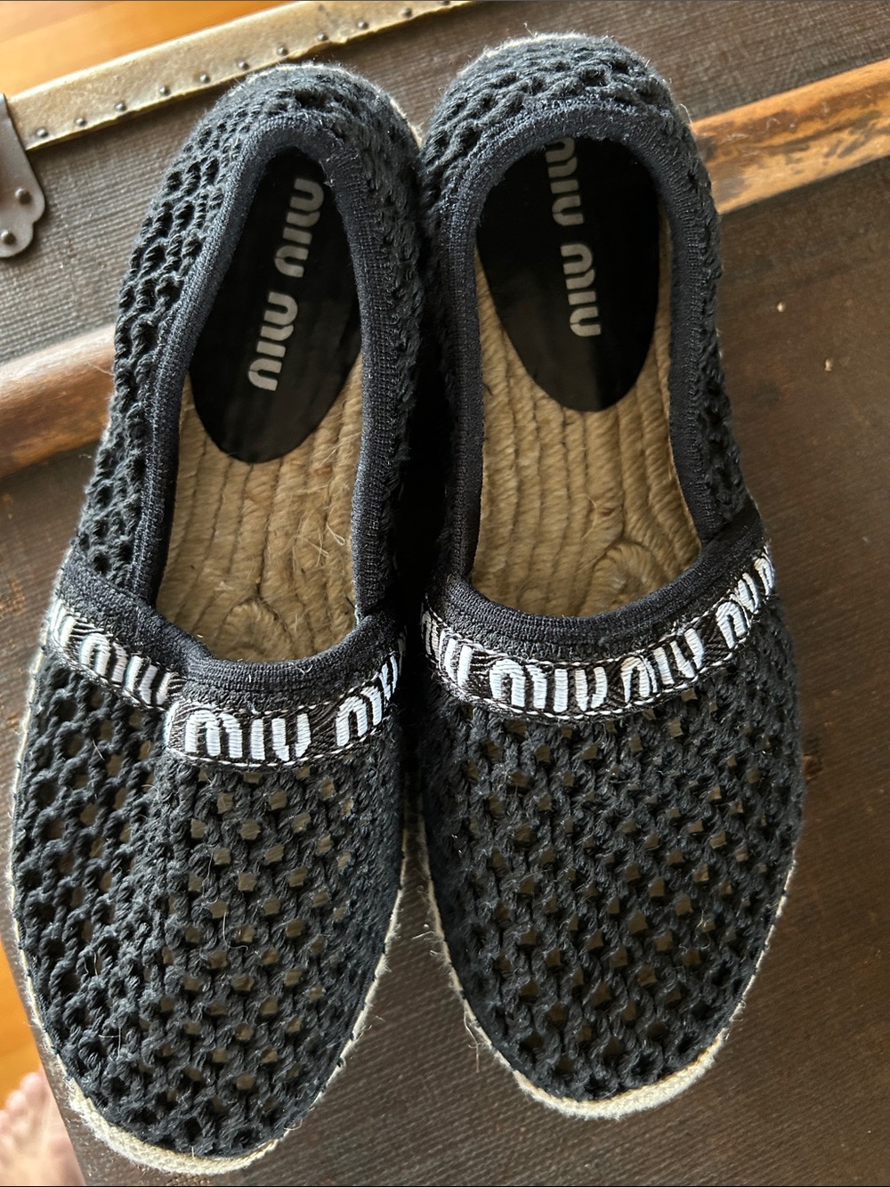 Miu Miu Black Crochet Espadrille Slip-Ons